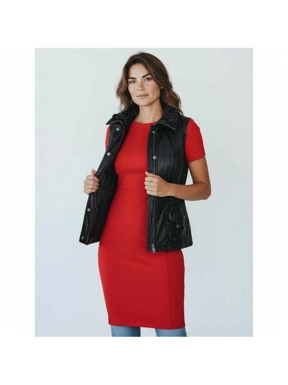 Black Vegan Leather Ethyl Vest, Ruffled Collar, Size M - Picture 14 of 14